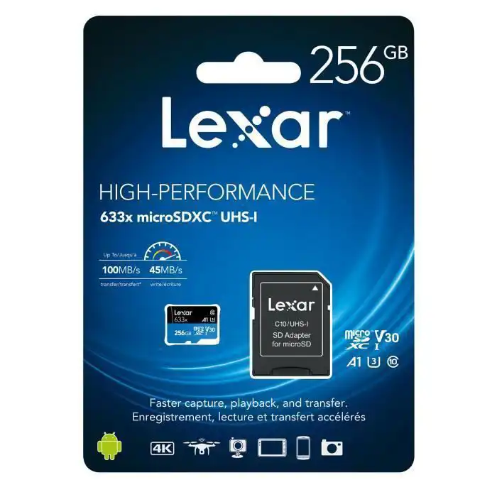 LEXAR CARTE SD MS633X 64GB High-Performance 633x microSDXC™ UHS-I without adapterup to 100MB 12M