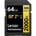 LEXAR CARTE SD SD2000X 64GB Professional 2000x SDHC™ UHS-II cardsup to 300MB/s read 260MB/s wr 12M